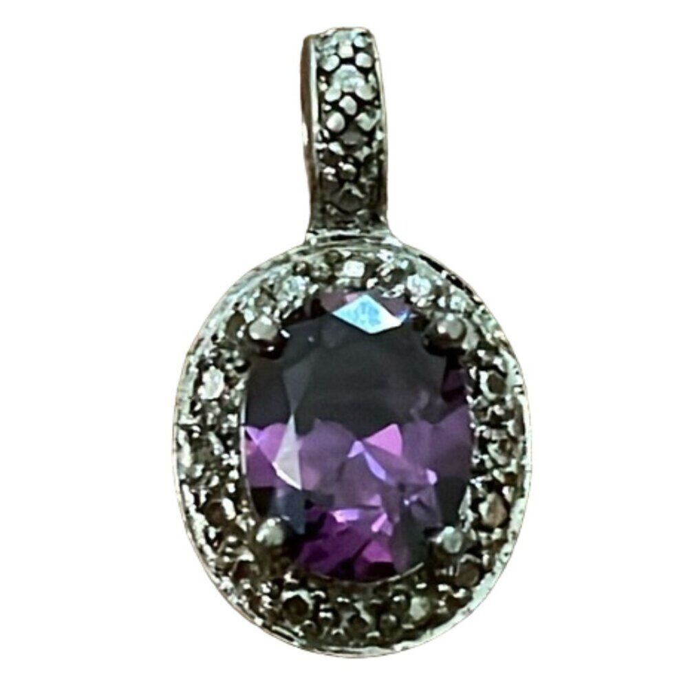Sterling Silver Amethyst Tear Drop Pendant Marked 925 WM CZ
